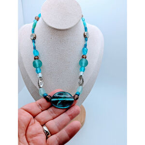 Esmor Glass Necklace Aquamarine Turquoise Tone Beaded 17-22" Vintage